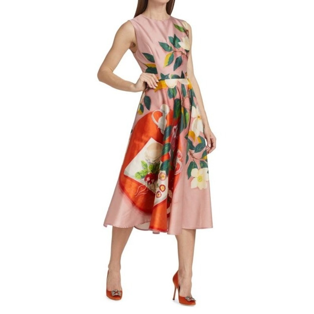 Oscar de la Renta Painted Tablescapes Dress Pink l Floral A line Sleeveless Midi